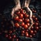 the hands of the farmer carefully put the fresh crop of tomatoes in the basket