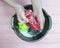 Hands female wash view laundry wet plastic household in a basin doing domestic