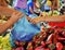 Hands filling a plastic bag with fresh vegetables