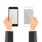 Hands folding smart phone and touching screen - vector template