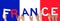 Hands forming France text with flag background