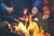 Hands of friends roasting marshmallows over the fire in a grill