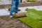 Hands in gardening laying green grass, installing on the lawn