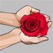 Hands gently holding a bud of a red rose