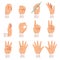 Hands gesture. Human palm and fingers touch showing pointing and holding taking vector cartoon collection isolated