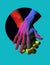 Hands gesture in neon light. Abstarct artistic composition. Bright vivid bold colors. Surrealistic collage artwork. Isolated dark