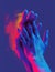 Hands gesture in neon light. Abstarct artistic composition. Bright vivid bold colors. Surrealistic collage artwork. Isolated dark