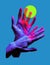 Hands gesture in neon light. Abstarct artistic composition. Bright vivid bold colors. Surrealistic collage artwork. Isolated dark