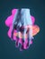 Hands gesture in neon light. Abstarct artistic composition. Bright vivid bold colors. Surrealistic collage artwork. Isolated dark