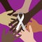 Hands of girls around the globe and white ribbon as a concept against violence against women