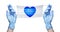 Hands in gloves, medical face mask, blue heart pattern, coronavirus protection on Valentines Day concept, love and safety symbol