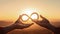 Hands with golden infinity symbol at sunset background, AI generated