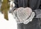 Hands in gray gloves holding a heart shaped homemade birdseed cake in the snowy winter garden.