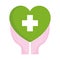 Hands with green heart medical emblem isolated icon style