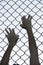Hands gripped onto prison mesh wire fence