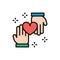 Hands with heart, donation, volunteering, good deeds color line icon.