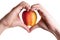 Hands in heart form concluding apple inside