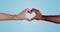 Hands, heart and love sign with diversity, support and vote, gesture or emoji with care isolated on blue background