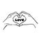 Hands heart shape, line drawing of hands showing love sign.