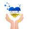 Hands with heart silhouette in Ukrainian flag colors. Support Ukraine in war. Stop military invasion. Pray for Ukraine. Save human