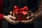 Hands hold a beautiful gift box with a ribbon and white tulips, Gift Giving, Surprise Gift - Ai Generated