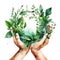 Hands hold circular floral emblem, wreath with green leaves, AI generative concept image