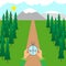 Hands hold a compass on forest road. Terrain orientation concept.