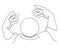 Hands hold divination crystal ball one line art, hand drawn magic fortune telling continuous contour. Occult concept.Minimalistic