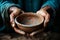 Hands hold empty bowl, portraying the harshness of hunger and economic hardship