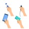 Hands hold flash drive, mobile phone, usb plug, credit card.