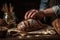 hands hold a fresh homemade loaf of wheat bread on kitchen wood. The healthy eating and traditional bakery concept illustration