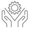 Hands hold gear thin line icon, business cooperation concept, two hands holding cogwheel sign on white background, gear