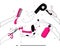 Hands hold grooming tools for dog`s fur and hair care.Vector set in doodle style.Glamour vet equipment.Combing and washing.