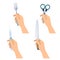 Hands hold metal fork, steel knife, medical syringe, office scissors.