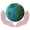 Hands hold planet Earth, web icon. Respect for the planet