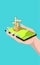 Hands hold smart phone with 3D windmill illustration on the screen