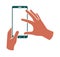 Hands hold smartphone vertically, finger touching the screen. Colored illustration on a white background. Vector line