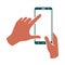 Hands hold smartphone vertically, finger touching the screen. Colored illustration on a white background. Vector line
