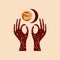 Hands hold Venus and crescent moon. Boho style art, mystical symbol, minimalist trendy style. Magical illustration