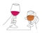 Hands hold wine clinking glass one line art,continuous drawing contour.Cheers toast festive hand drawn decoration for holidays,