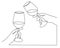 Hands hold wine clinking glass one line art,continuous drawing contour.Cheers toast festive hand drawn decoration for holidays,