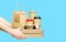 Hands holding assortment of food delivery containers isolated on blue background. Food delivery service