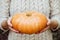 Hands holding beautiful freshly picked organic orange pumpkin.