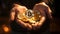 Hands holding Bitcoin BTC coin, finance, crypto currency, modern gold