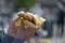 Hands holding a bread roll with baked fish, in Germany called Fischbrotchen, typical snack at the sea, blurry bokeh background,