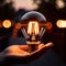 Hands holding bright glowing lightbulb, a metaphor for grapsing inspiration and future ideas