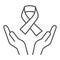 Hands holding cancer tape thin line icon, World cancer day concept, World Aids Day sign on white background, cancer tape