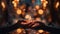 Hands Holding Candle With Shining Flame And Blurry Lights - Defocused Hope Concept, generative ai