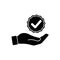 Hands holding check marks or top service, guarantee, warranty, approved icon in black or tick, cross checkmarks flat on isolated