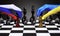 Hands holding chess pieces drawn with the flags of Russia and Ukraine.